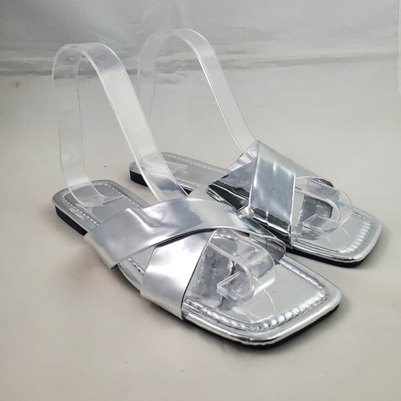 Women's Slip On Sandals Metallic Silver 7 Slides Casual - Picture 1 of 7